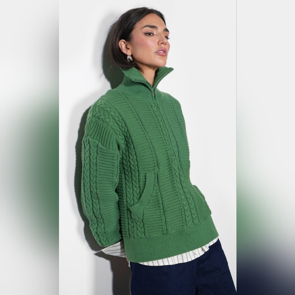 Greylin Forest Green Cable Knit Turtleneck Sweater Zipper Detail - Picture 6 of 6